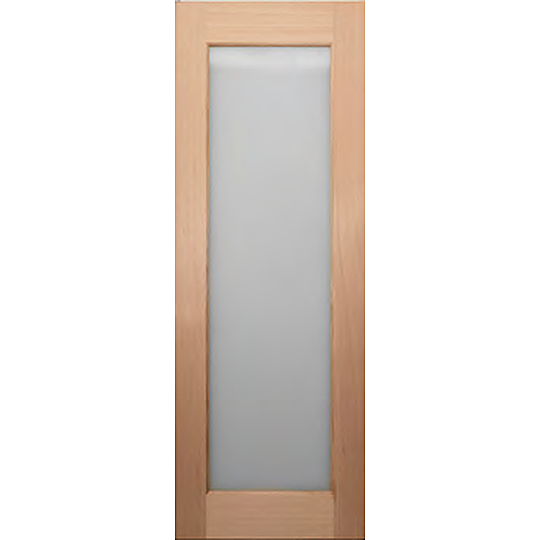 Door with large frosted glass panel with timber around the sides.