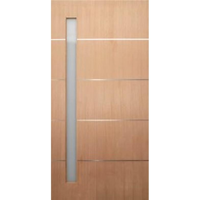 Front door with veneer finish. Frosted Glass on one side of door and 4 horizontal metal strips as added feature.