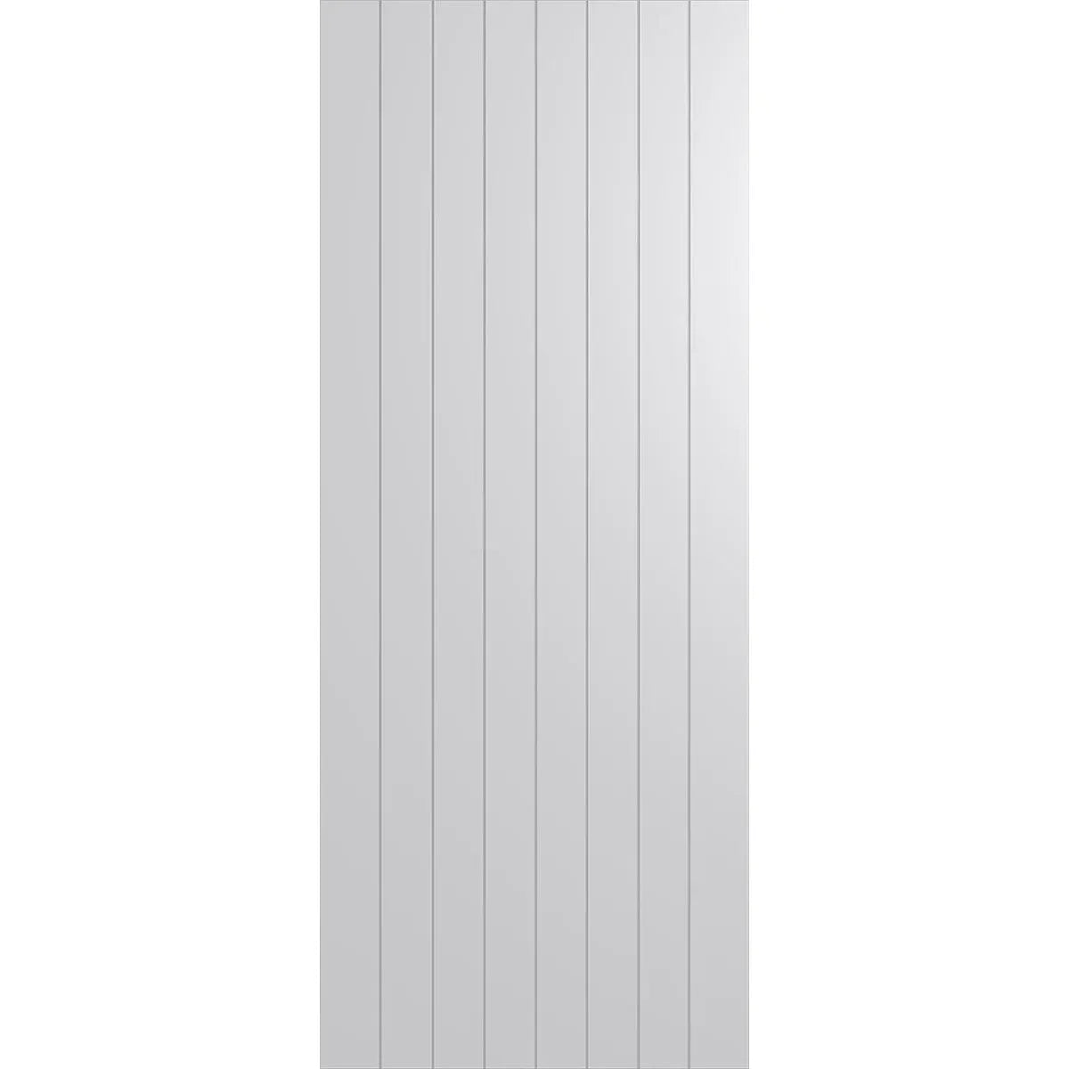 Modern hollow core internal door with vertical lines across face.