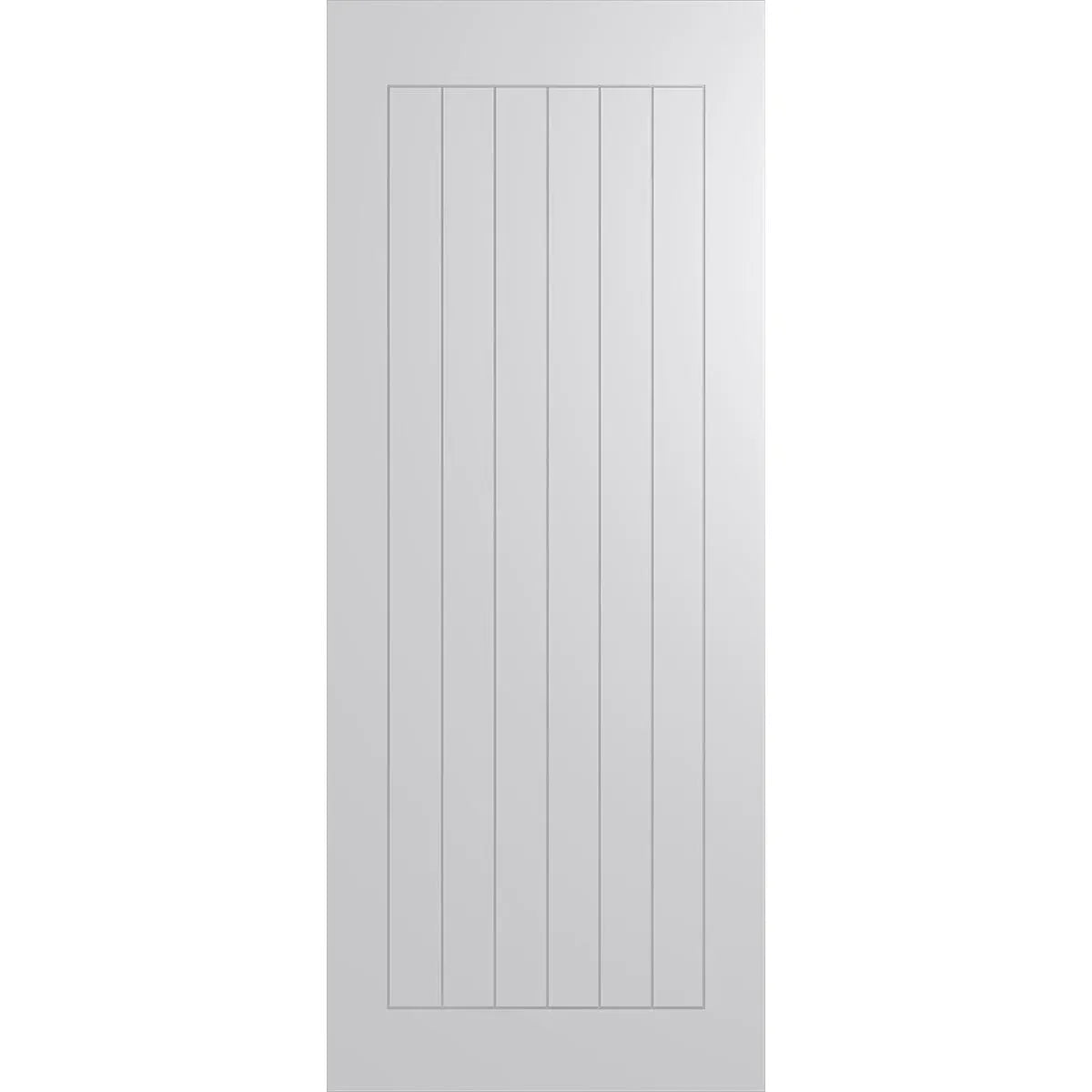 Modern internal door with barn door inspired routed vertical lines.