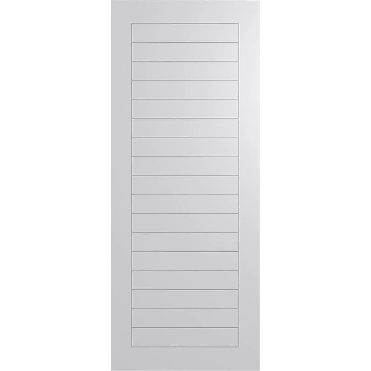 Horizontal lines across face of door with routed border around. Modern designed door with a classic feel.
