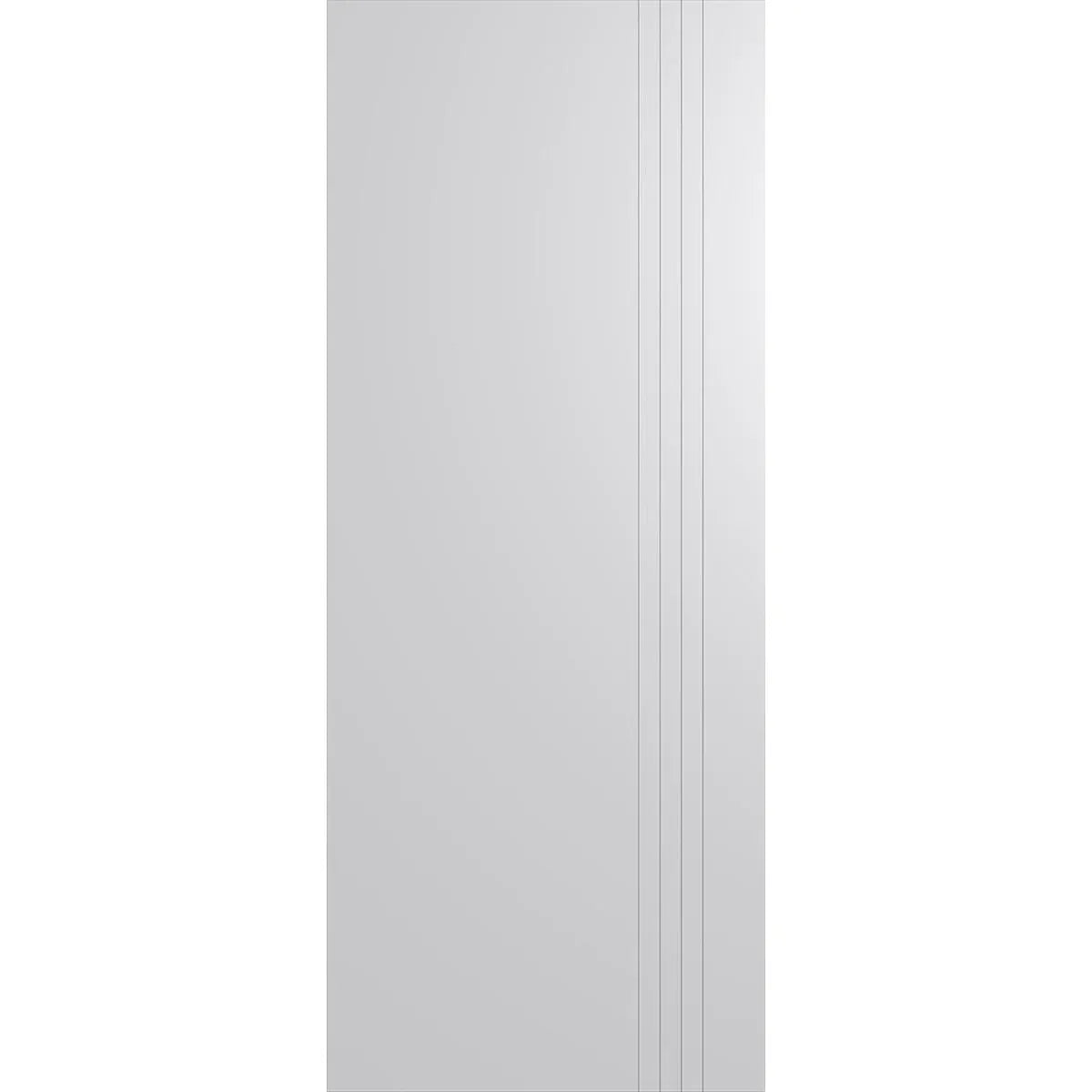 Modern Australian internal door with 4 vertical routed lines, semi-solid construction and primed white.