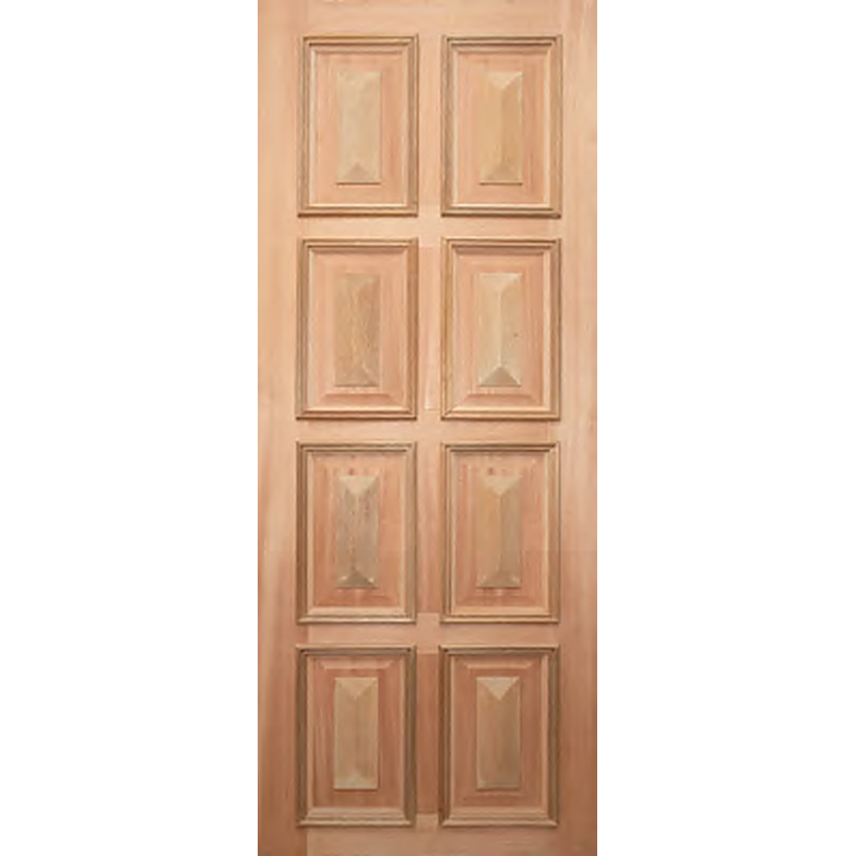 8 panel colonial entrance door with moulding and cricket bat features on front face.