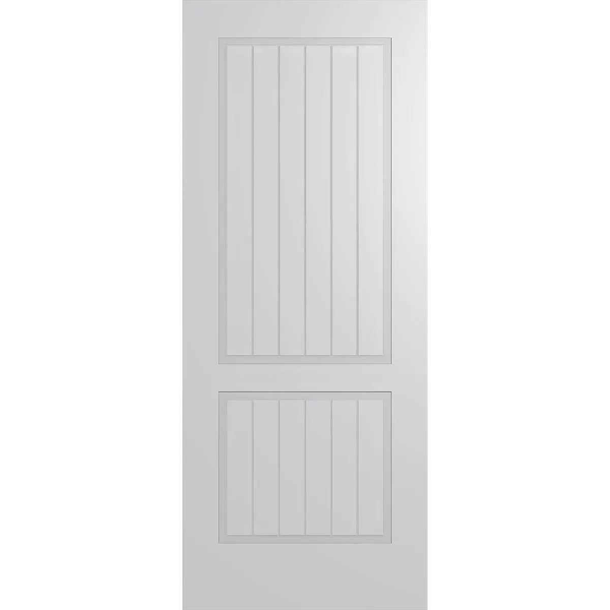 Country house style 2 panel internal door primed white for easy painting.