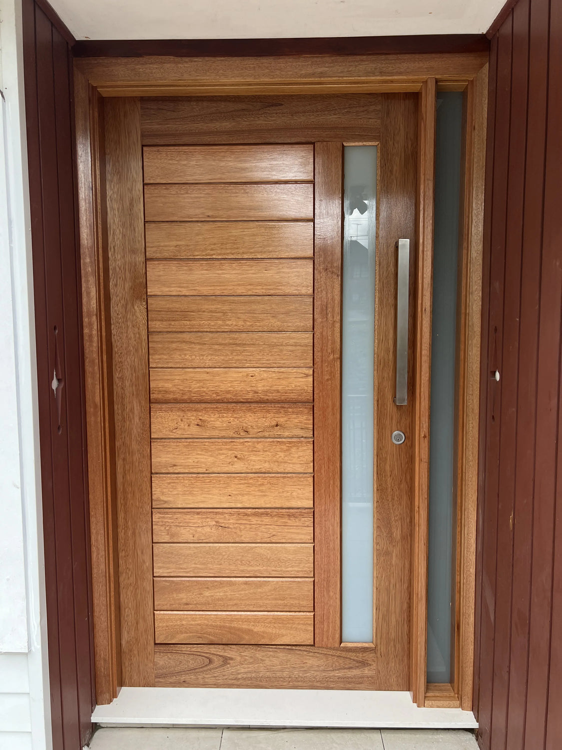 Solid Timber entrance door with frosted glass, stained and installed in Sydney