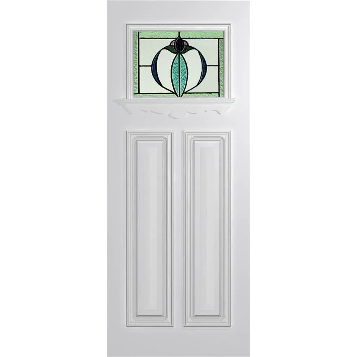 Victorian-style front door with colourful triple-glazed leadlight, raised panels, timber moulding, and ledge detailing