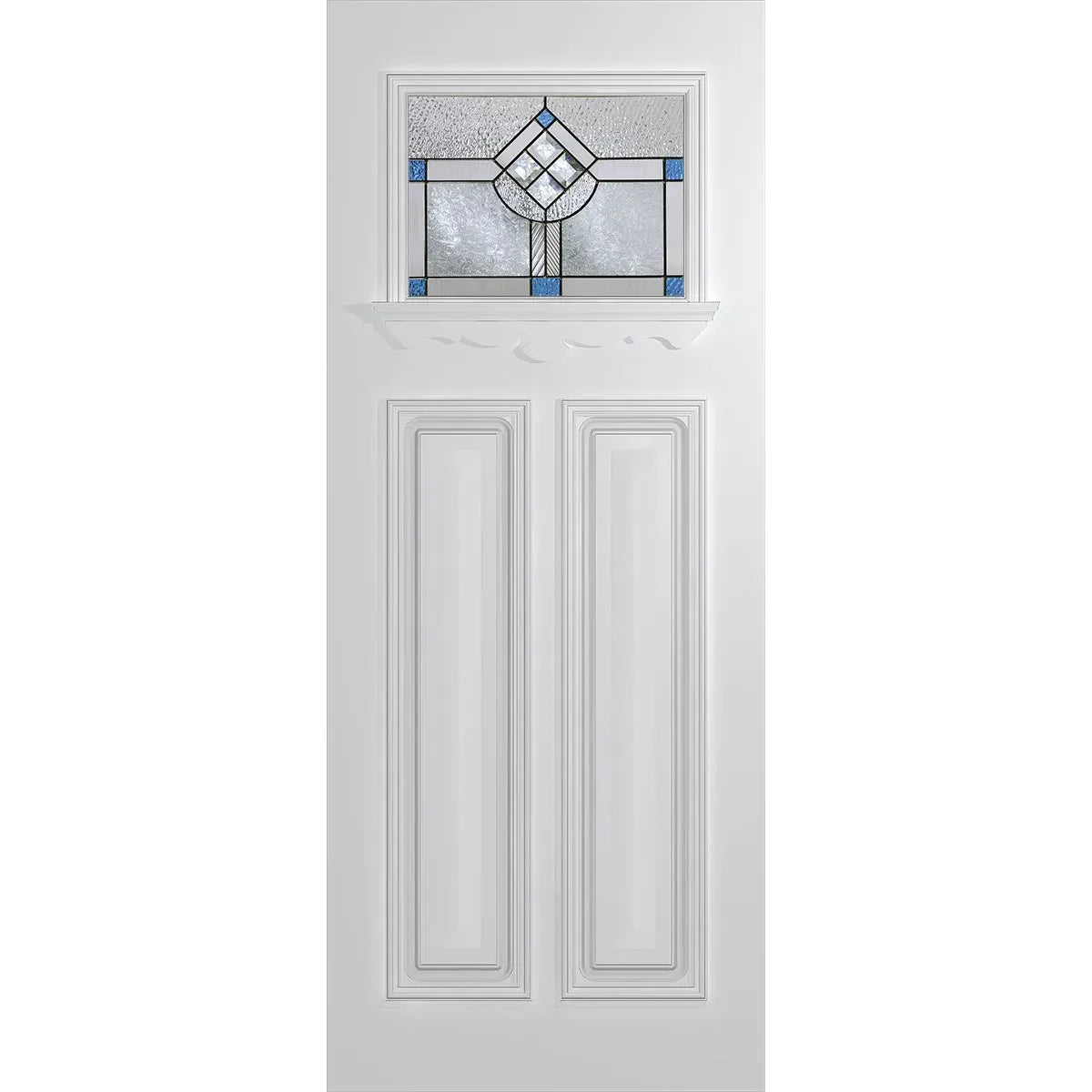 Blue-detailed triple-glazed leadlight Victorian front door with raised timber panels, traditional moulding, and ledge design