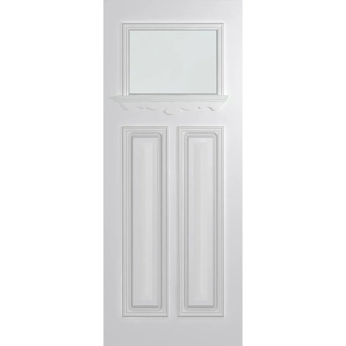 Victorian-style front door with frosted glass for natural light, raised panels, timber moulding, and ledge detailing