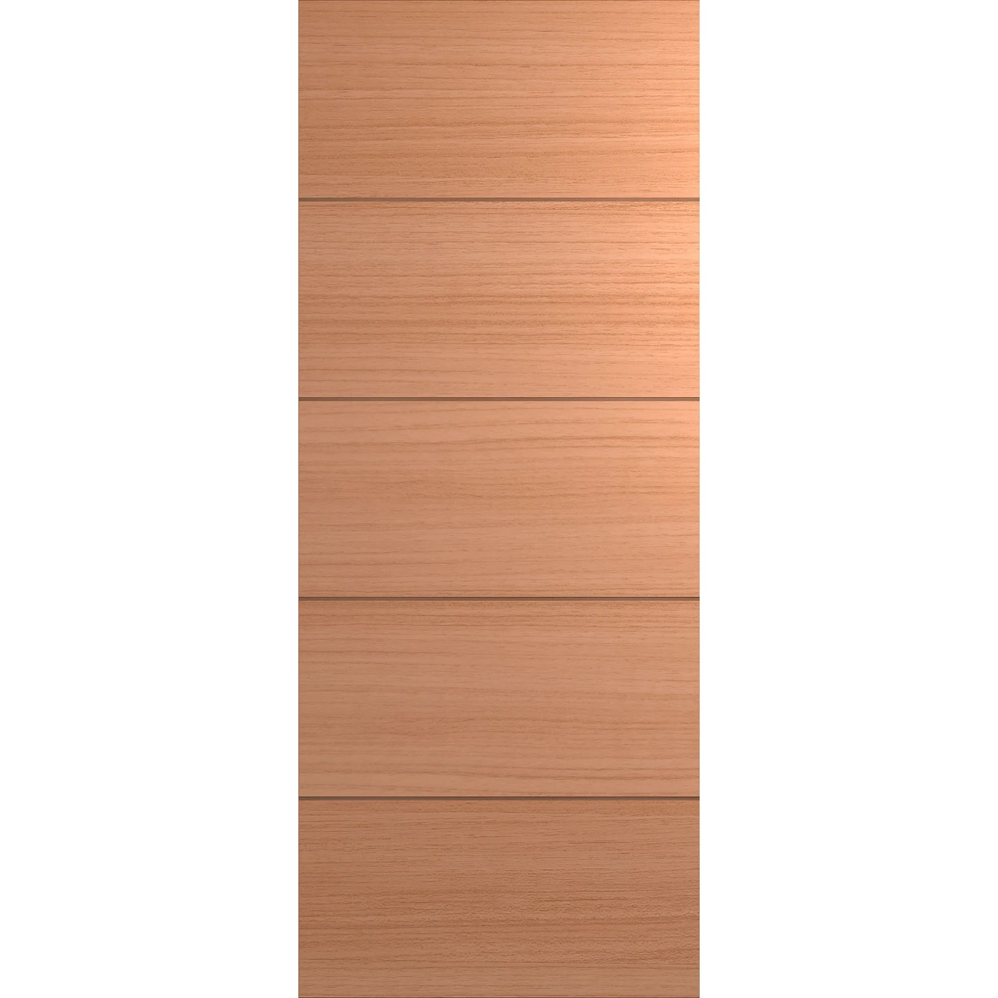 Modern front door with four horizontal routed lines and wood veneer.