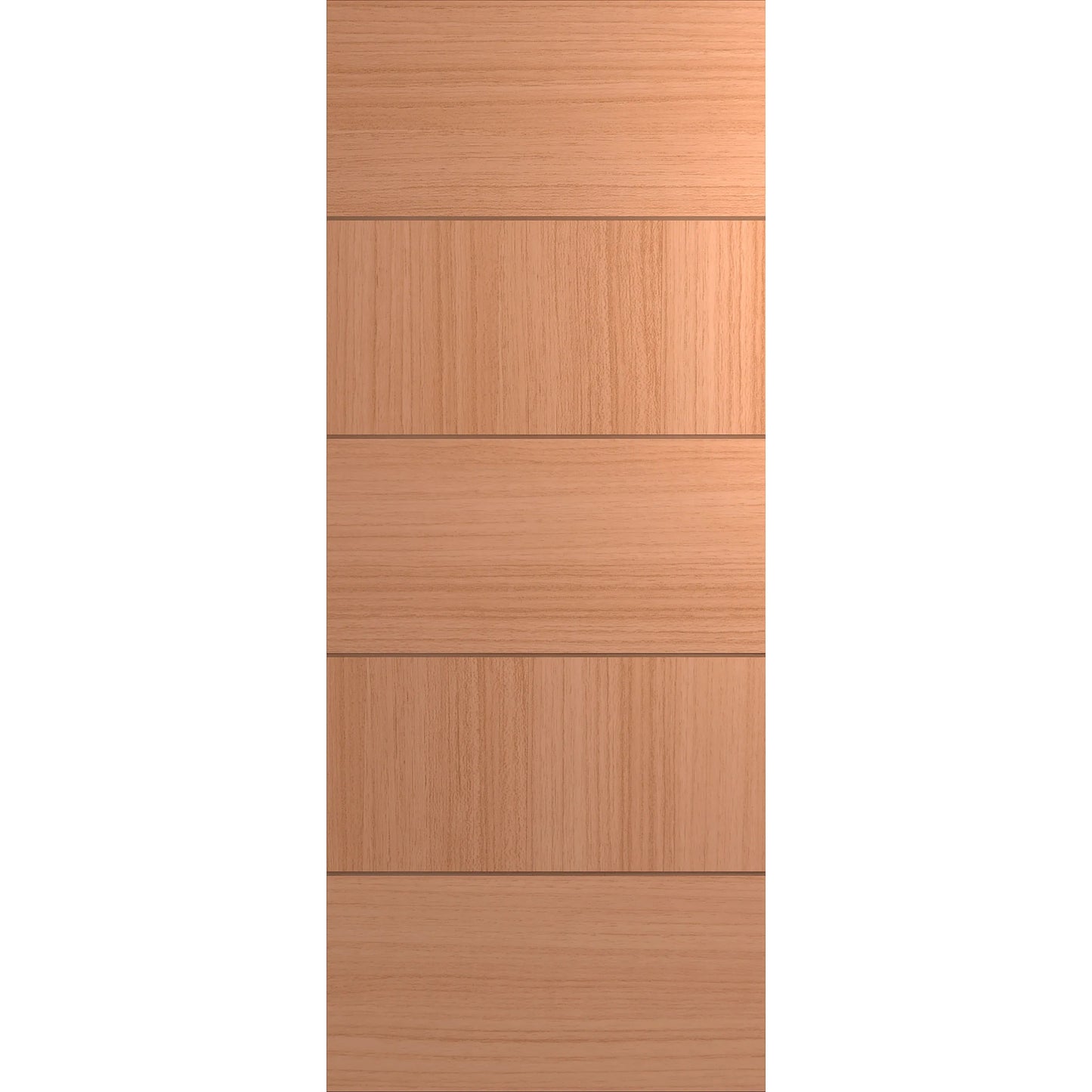 Modern Front door with 5 veneer panels separated by 4 routed horizontal lines. Veneer panels alternate in direction of the grain.