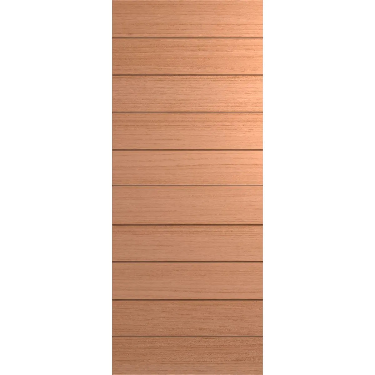 Australian front door with wood veneer and multiple horizontal lines routed across face.