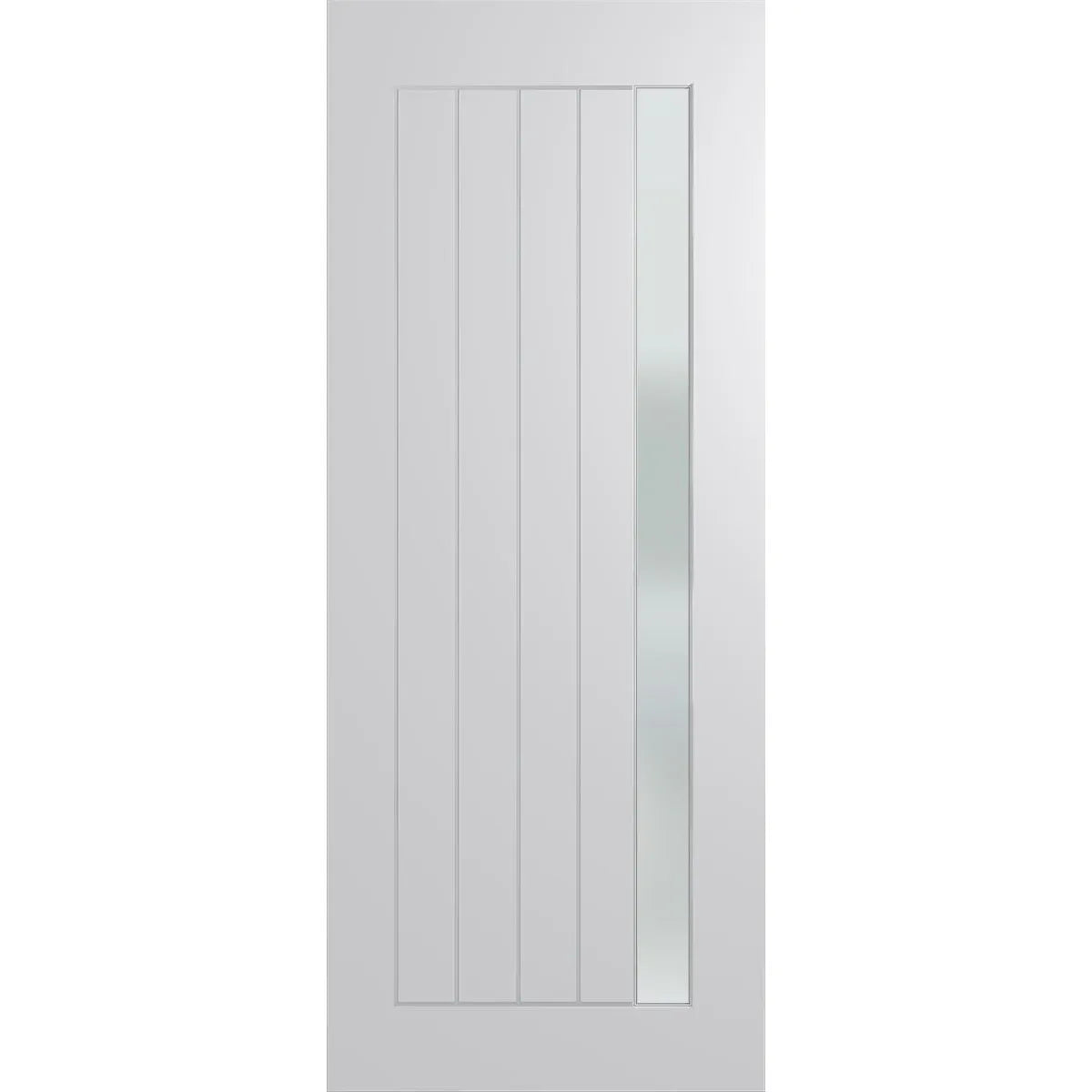 Modern Front door with narrow vertical frosted glass panel. Routed design matches the glass panel.