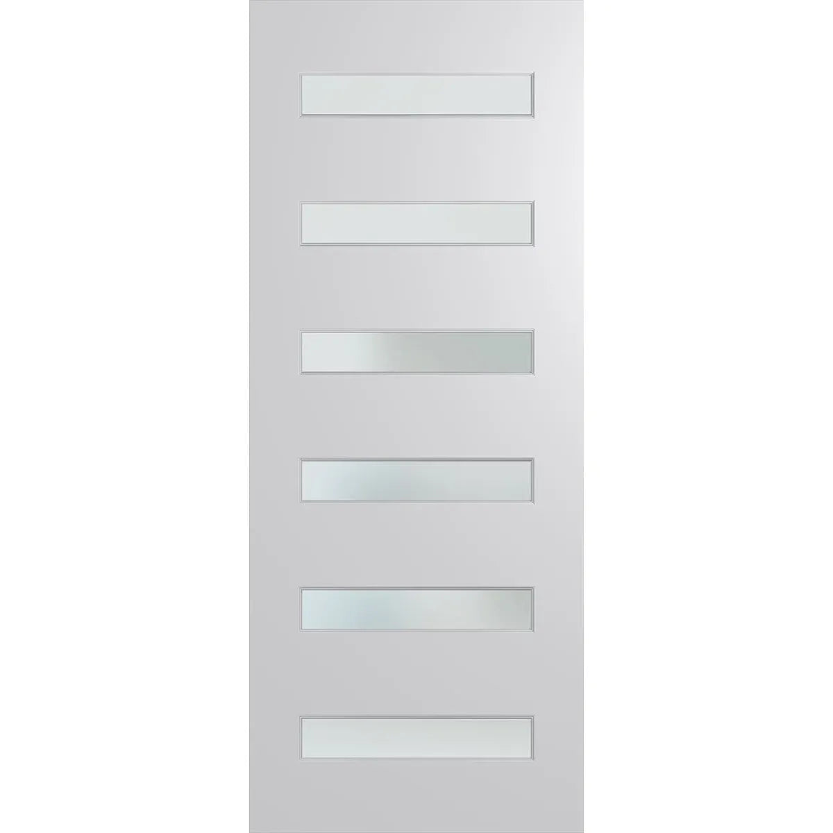Modern front door featuring horizontal frosted glass inserts to allow light through
