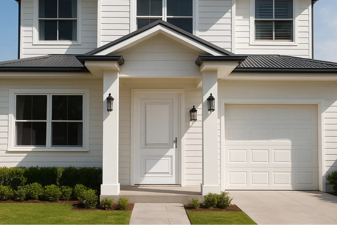 White two-story house with black accents on a clear day, XR4 entrance door painted white