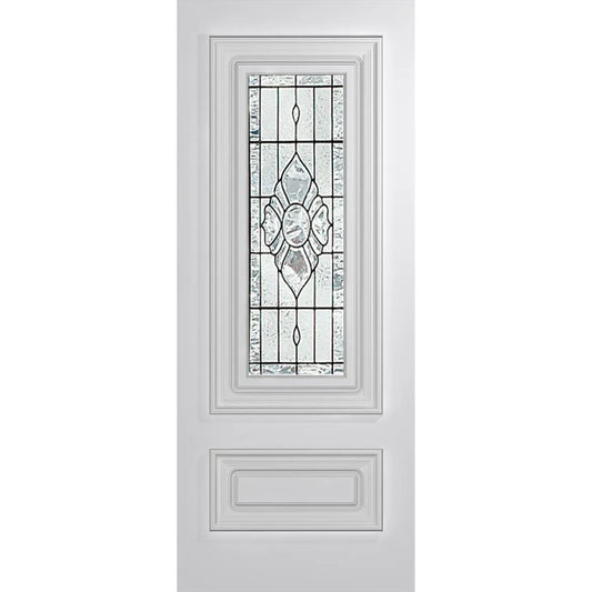 Classic front door with deep routed designs, large moulding and clear triple  glazed glass.