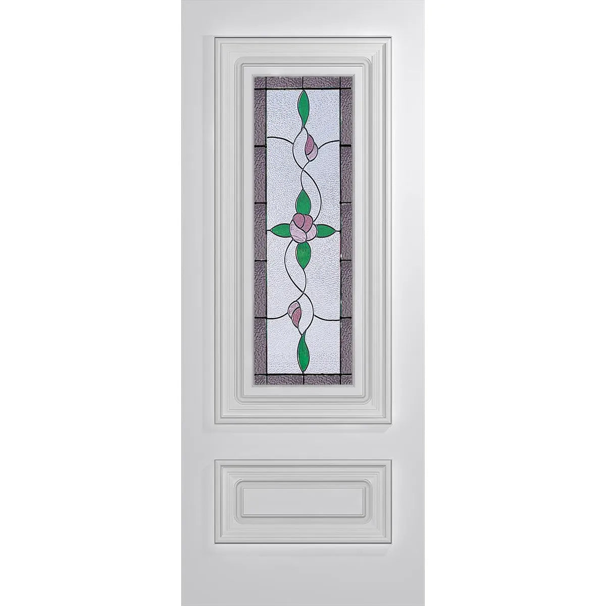 Front door with colourful triple glazed glass and deep carved design with heavy moulding around it.