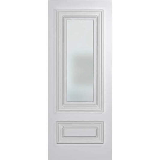 Entrance door with translucent laminate glass and routed design combined with moulding.