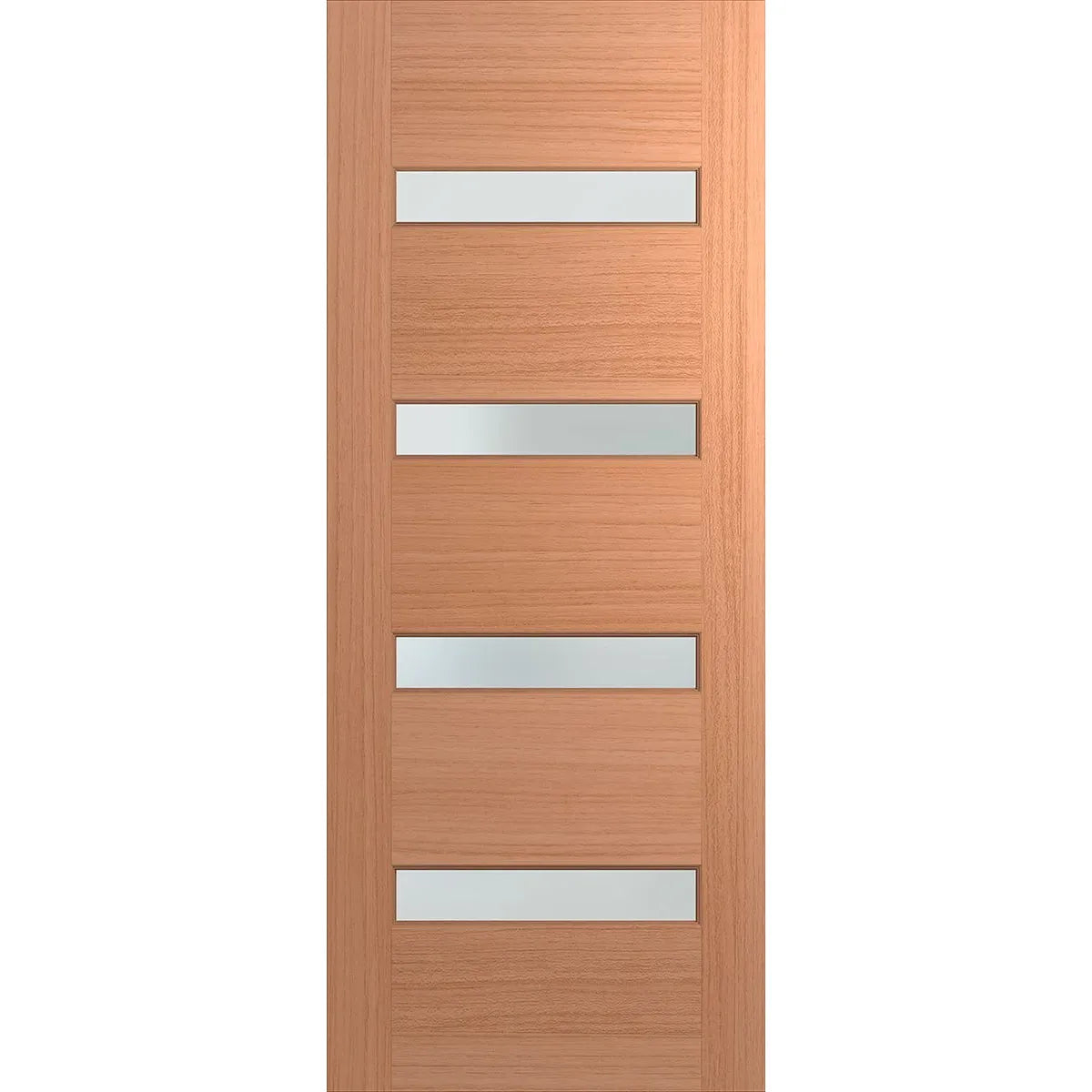 Australian front door with 4 horizontal panels of glass. Door has wood finish on its face.