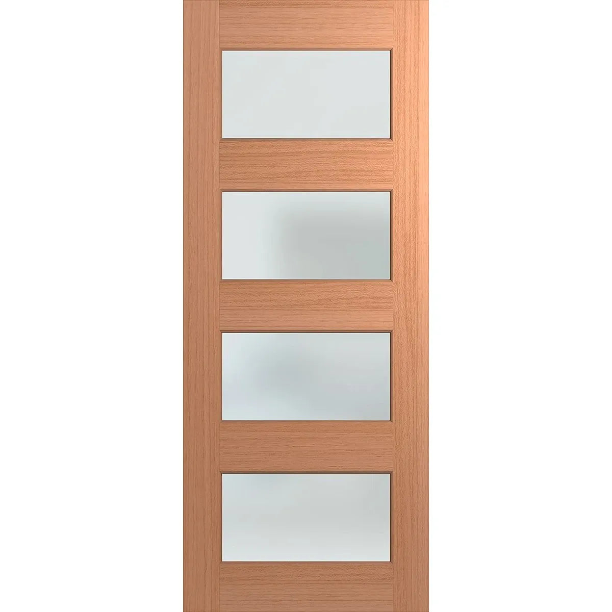 Wood veneer external door with four large frosted glass panels.