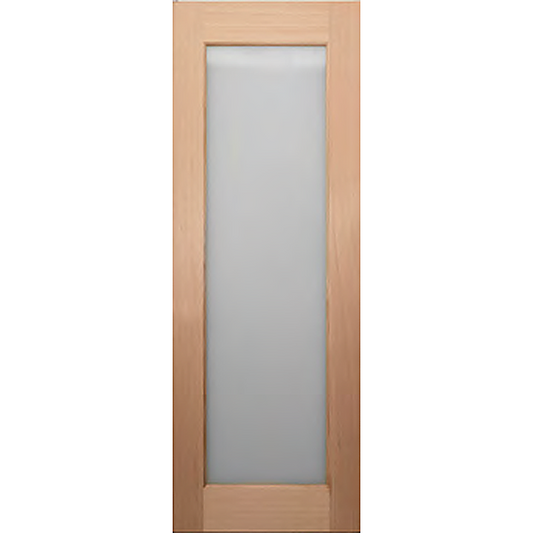 Door with large frosted glass panel with timber around the sides.