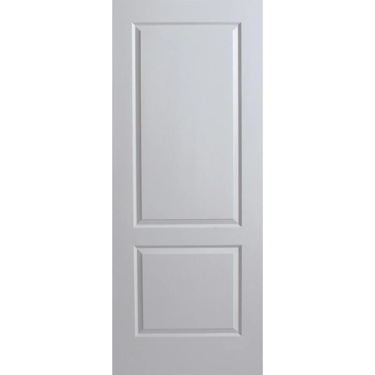 Hollowcore 2 panel door with large top panel and smaller bottom panel. Woodgrain effect across face of door.