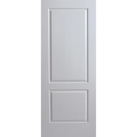 Hollowcore 2 panel door with large top panel and smaller bottom panel. Woodgrain effect across face of door.