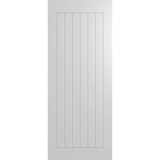 Modern internal door with barn door inspired routed vertical lines.