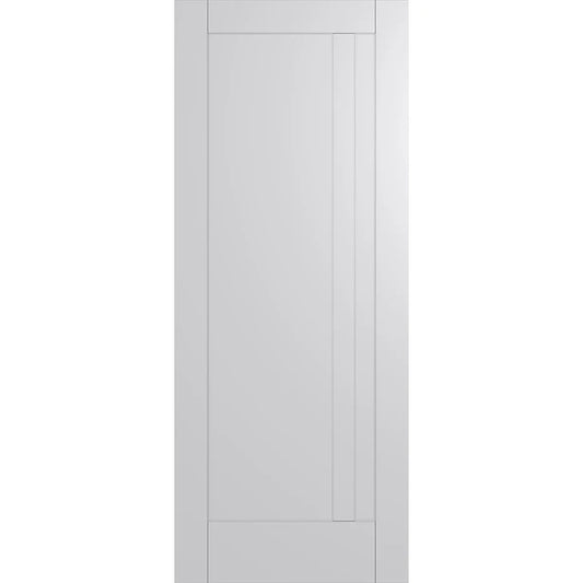 Primed internal shaker door with two panel design. One panel is much smaller than the other. Panels are divided vertically. 