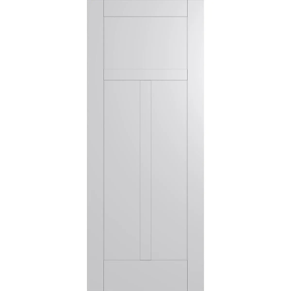 Shaker door with three panel design. Top panel is separated from long equal sized bottom two panels.  