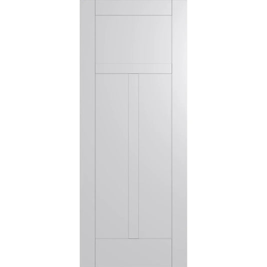 Shaker door with three panel design. Top panel is separated from long equal sized bottom two panels.  