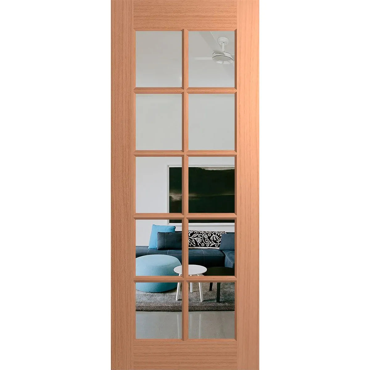 External unpainted French door with 10 panels of clear glass.