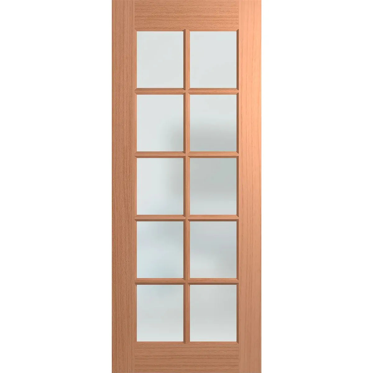 External unpainted French door with 10 panels of frosted glass.