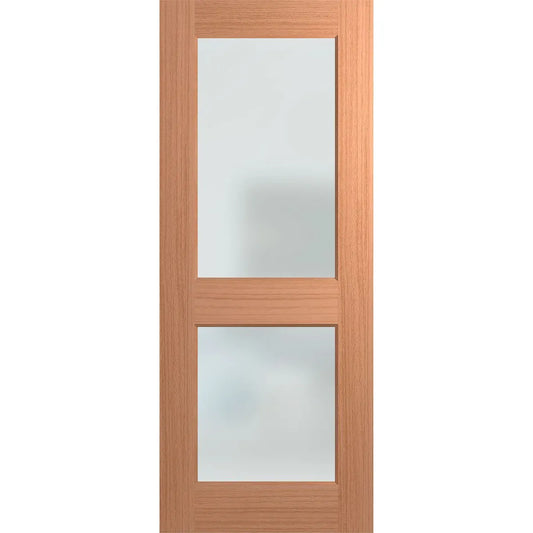 External Door with 2 panels of frosted glass panels. Top glass panel is larger than lower glass panel. Door has wood finish. 