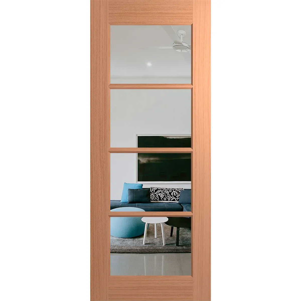 Wood finish joinery external door with 4 large panels of clear glass.