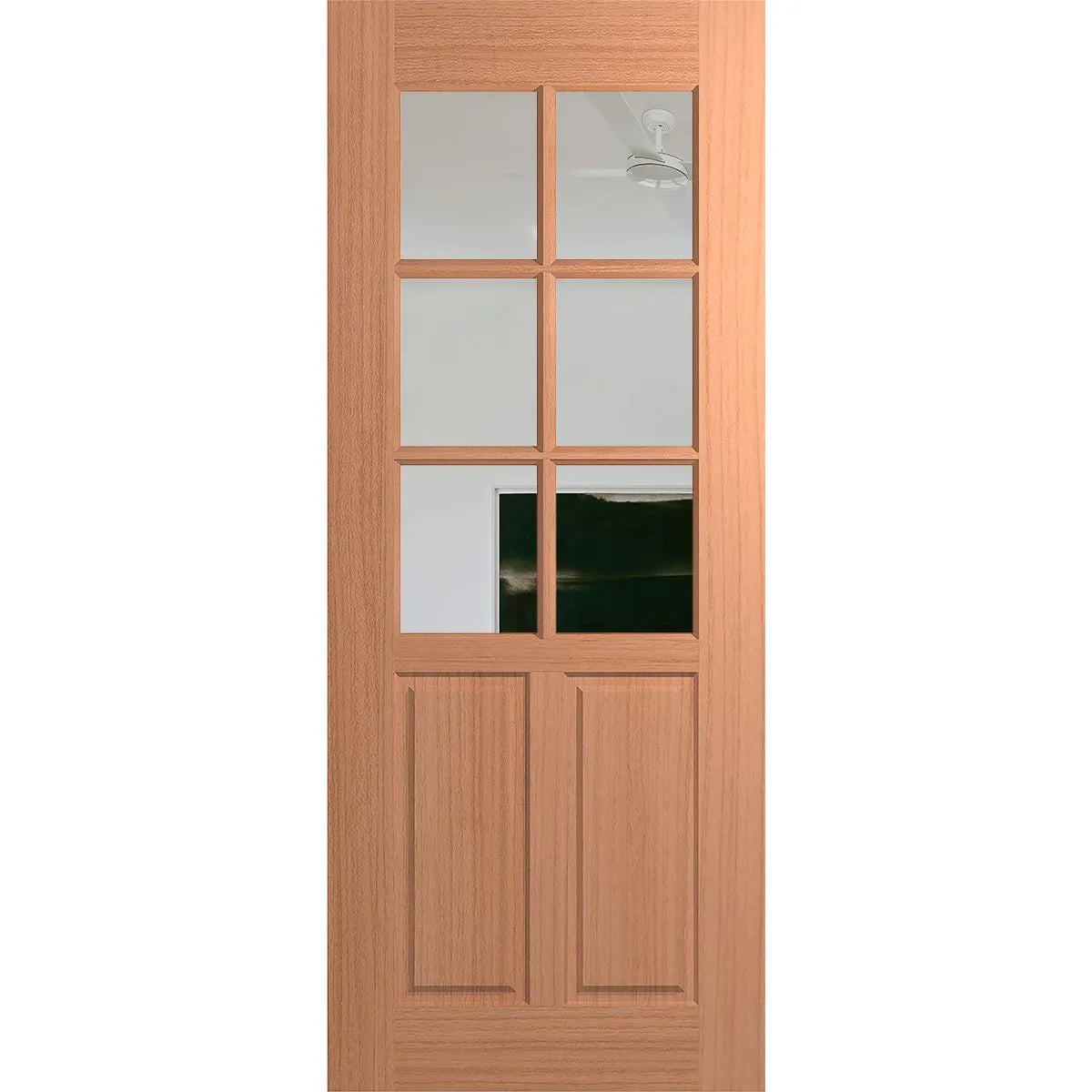 Half-French door with 6 panels of clear glass and 2 wood panels at the bottom. Door has a wood veneer.