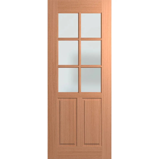 External half-French door with 6 panels of translucent laminate glass. 2 wood panels under the glass.