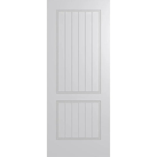 Country house style 2 panel internal door primed white for easy painting.