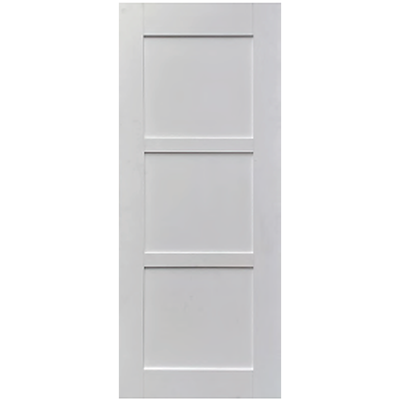 Shaker/Hampton door with 3 indented panels separated by 2 battens flush with panelling that makes door's border.