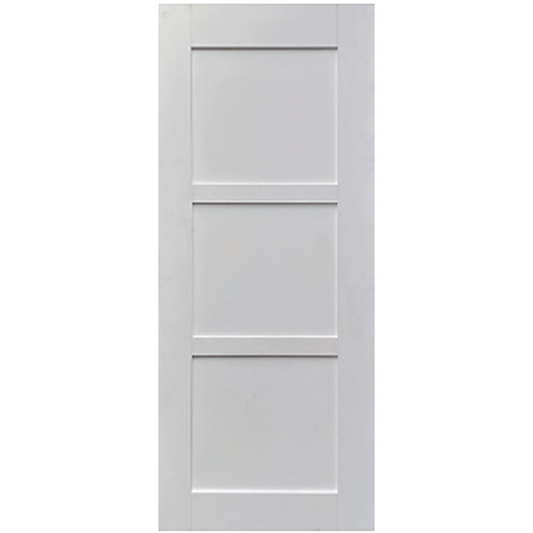 Shaker/Hampton door with 3 indented panels separated by 2 battens flush with panelling that makes door's border.