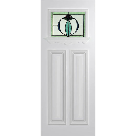 Victorian-style front door with colourful triple-glazed leadlight, raised panels, timber moulding, and ledge detailing
