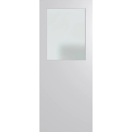 Solid plain external door with large frosted glass panel.