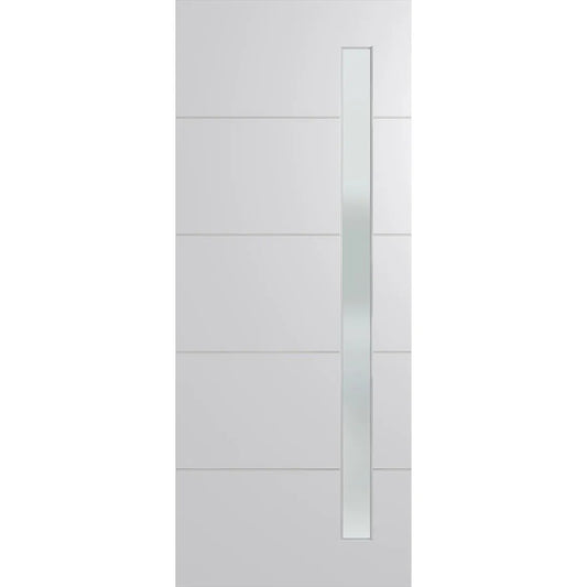 Modern Australian front door with one panel of long frosted glass and 4 horizontal routed lines. Duracote face for easy painting.