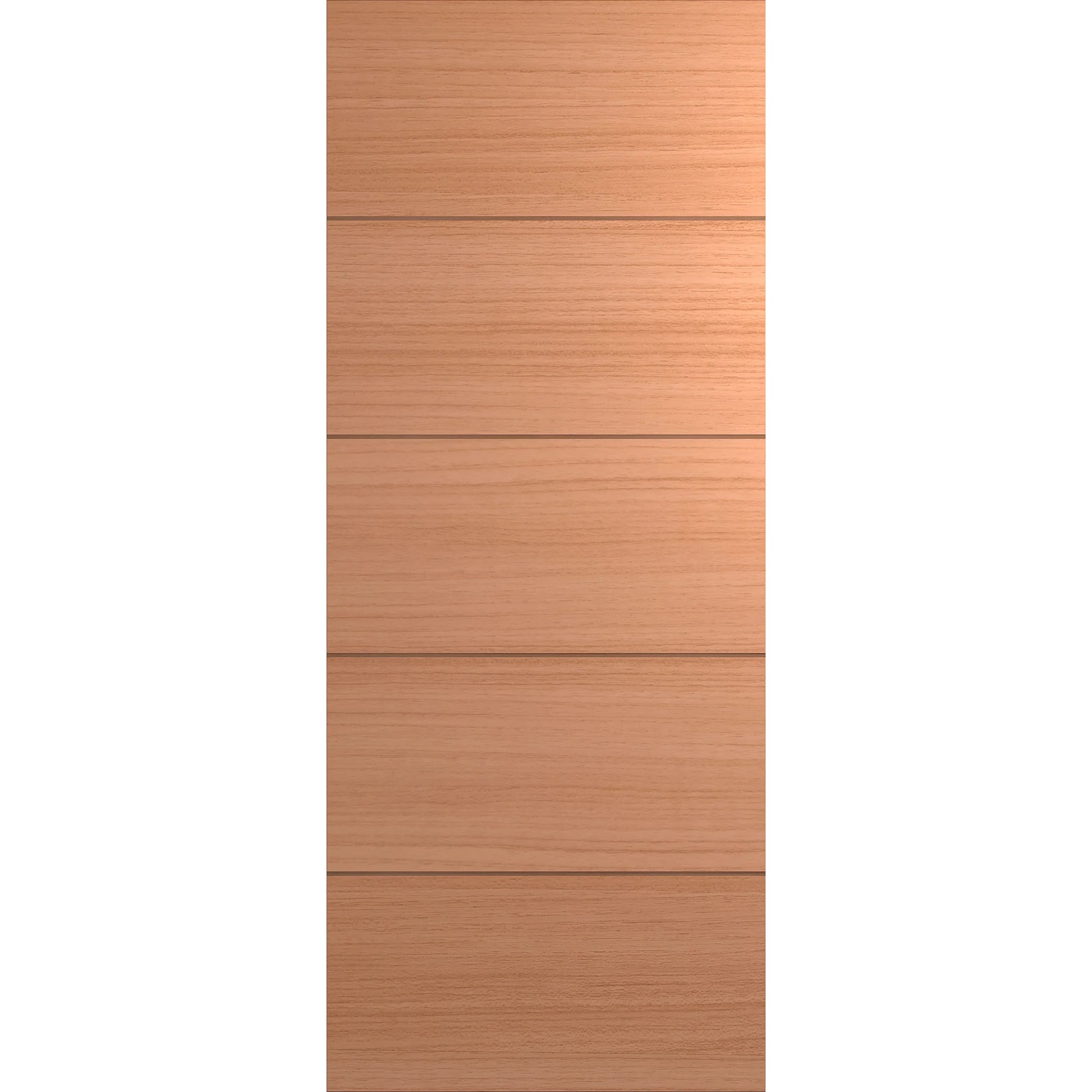 Modern front door with four horizontal routed lines and wood veneer.