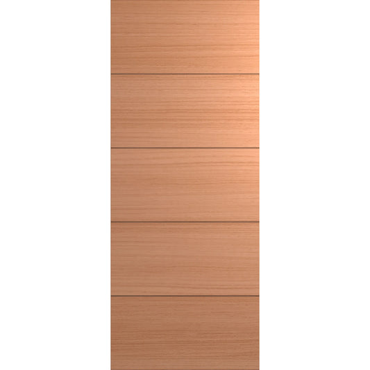 Modern front door with four horizontal routed lines and wood veneer.