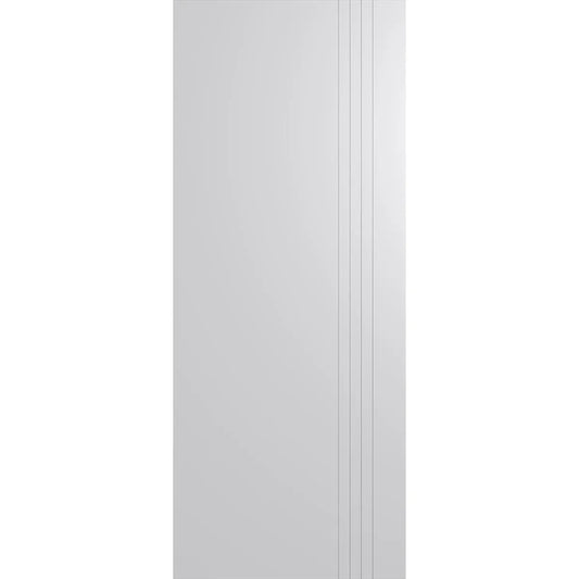 Modern front door with 4 vertical routed lines on right side of door.