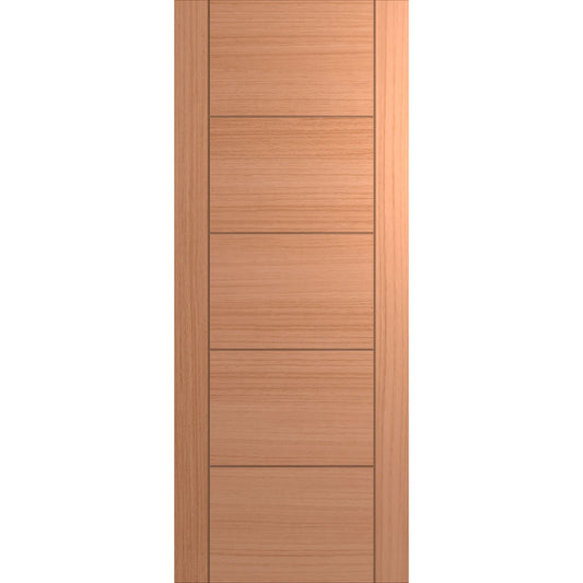 Modern front door with routed lines and wood veneer.