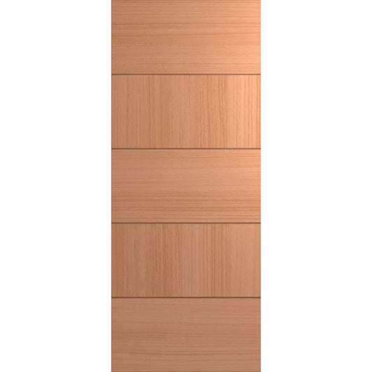 Modern Front door with 5 veneer panels separated by 4 routed horizontal lines. Veneer panels alternate in direction of the grain.