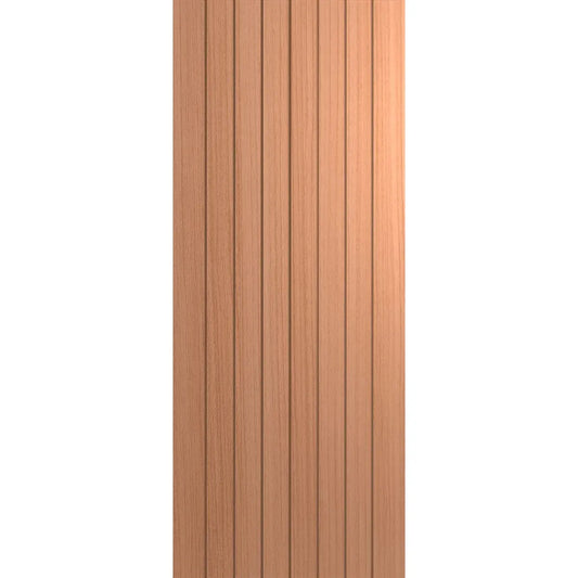 Modern front door with wood veneer. Vertical routed lines across entire face of door give it a modern look. 