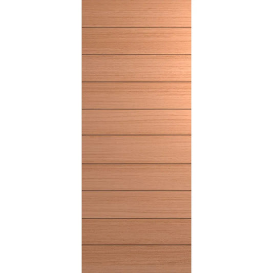 Australian front door with wood veneer and multiple horizontal lines routed across face.