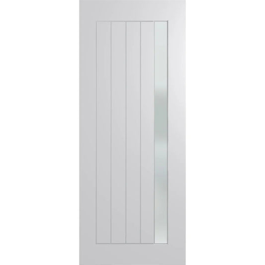 Modern Front door with narrow vertical frosted glass panel. Routed design matches the glass panel.